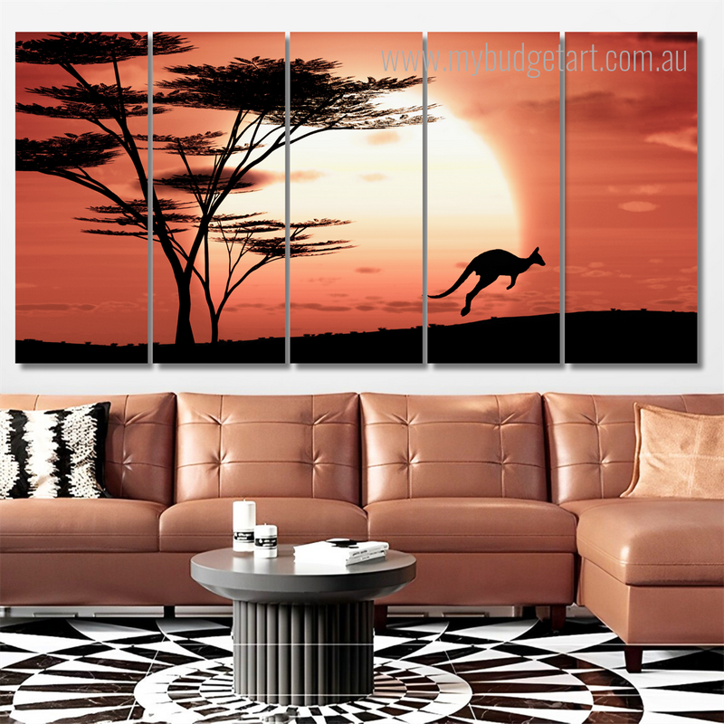 Kangaroo At Sunset Australia Animal Modern Stretched Painting Photograph 5 Piece Canvas Wall Art Set Australia For Home Décor